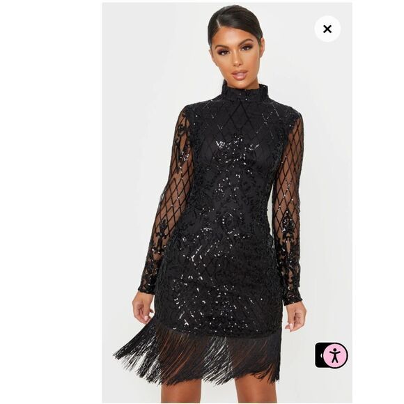PrettyLittleThing Black Long Sleeve Sequin Tassel Hem Bodycon Dress Size 2 - Picture 4 of 8
